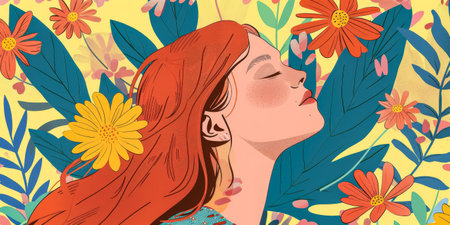 Illustration of a young woman in harmony with her environmentの素材