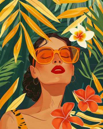 Illustration of a young woman in harmony with her environmentの素材