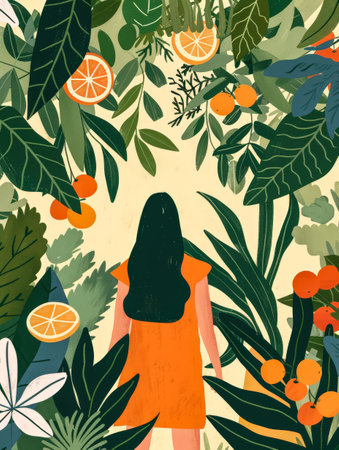 Illustration of a young woman in harmony with her environmentの素材