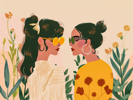 Illustration of a young woman in harmony with her environmentの素材