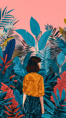 Illustration of a young woman in harmony with her environmentの素材