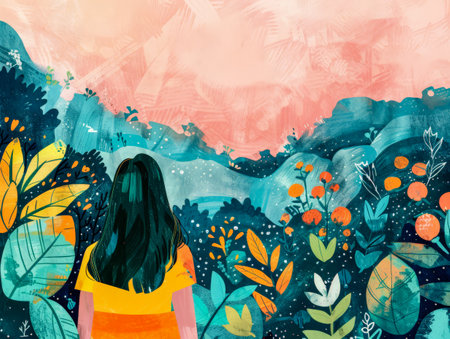 Illustration of a young woman in harmony with her environmentの素材