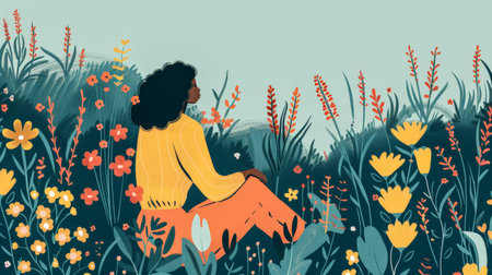 Illustration of a young woman in harmony with her environmentの素材