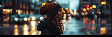 Young woman walking down the streets of a busy city.の素材