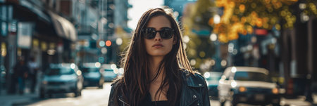 Young woman walking down the streets of a busy city.の素材