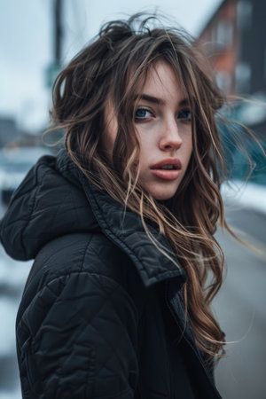 Young woman walking down the streets of a busy city.の素材