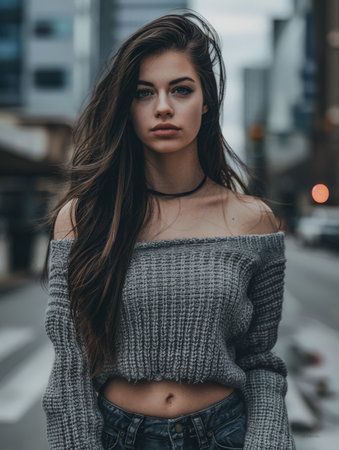 Young woman walking down the streets of a busy city.の素材