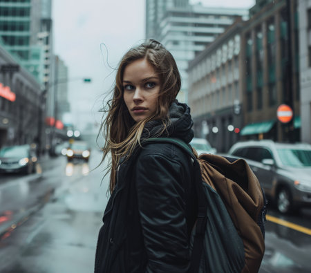 Young woman walking down the streets of a busy city.の素材
