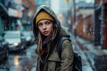 Young woman walking down the streets of a busy city.の素材