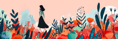 Illustration of a young woman in harmony with her environmentの素材