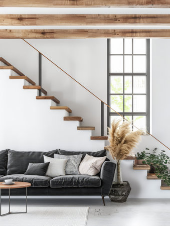 Elegant modern rustic living room composition with chic home interior decorの素材