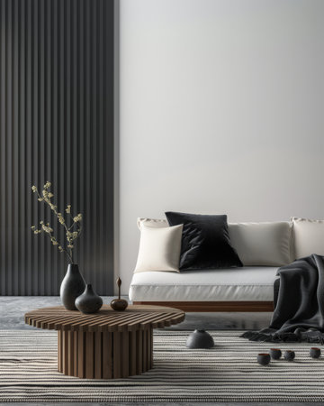 Stylish living room interiors with a sofa placed next to a window, wall panels a small tableの素材