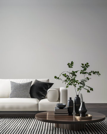 Stylish living room interiors with a sofa placed next to a window, wall panels a small tableの素材