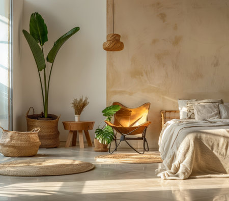 Serene minimalist bedroom in peach tone. Interiors composition in a luxury homeの素材