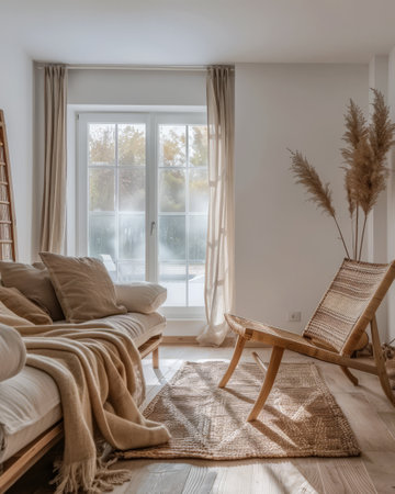 Serene minimalist bedroom in peach tone. Interiors composition in a luxury homeの素材