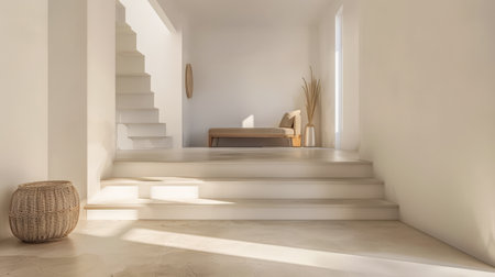 Serene minimalist bedroom in peach tone. Interiors composition in a luxury homeの素材