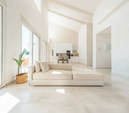 Serene minimalist interiors with natural light and warm tonesの素材