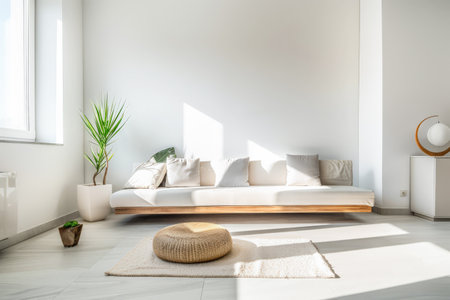 Serene minimalist interiors with natural light and warm tonesの素材