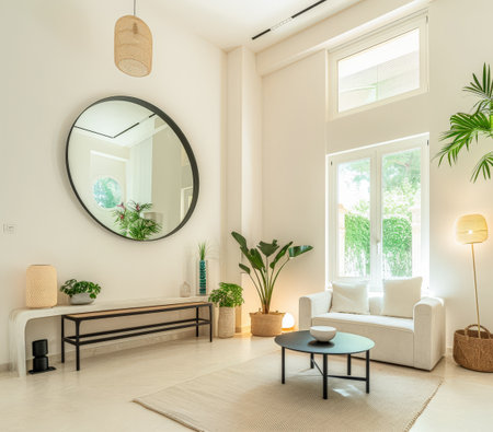 Serene minimalist interiors with natural light and warm tonesの素材