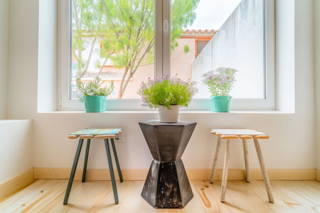 Serene minimalist interiors with natural light and warm tonesの素材