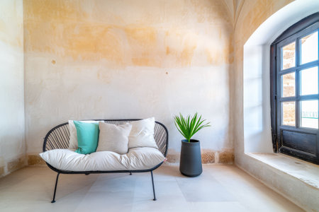 Serene minimalist interiors with natural light and warm tonesの素材