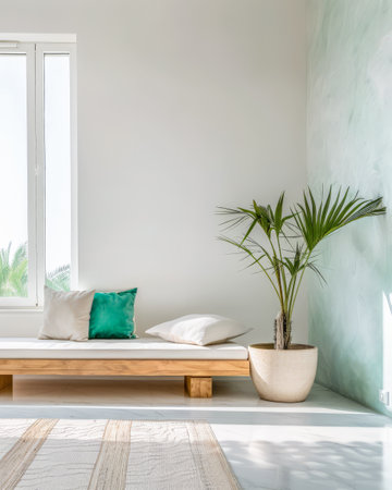 Serene minimalist interiors with natural light and warm tonesの素材
