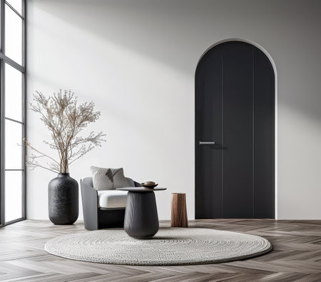 Arched black door in modern design.Architectural minimalist composition in contrasting colors.の素材
