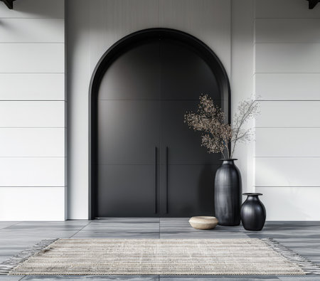 Arched black door in modern design.Architectural minimalist composition in contrasting colors.の素材