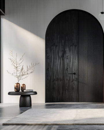 Arched black door in modern design.Architectural minimalist composition in contrasting colors.の素材