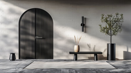 Arched black door in modern design.Architectural minimalist composition in contrasting colors.の素材