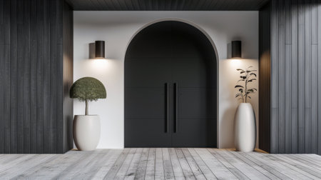 Arched black door in modern design.Architectural minimalist composition in contrasting colors.の素材