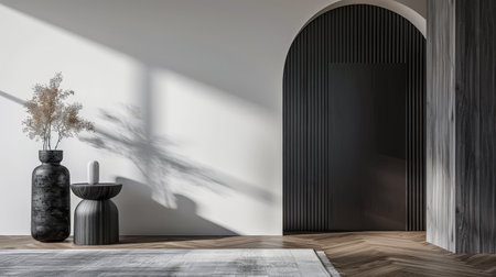 Arched black door in modern design.Architectural minimalist composition in contrasting colors.の素材
