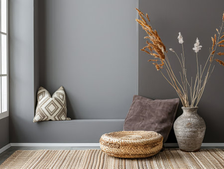 Elegant interiors window view with natural light and boho decorの素材