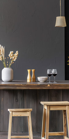 Modern rustic kitchen with artisanal decor in grey and beige tones.の素材