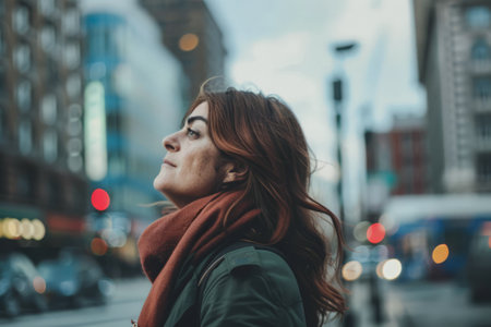 Young adult woman portrait with a city scene background.の素材