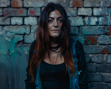 Young adult woman portrait with a city scene background.の素材