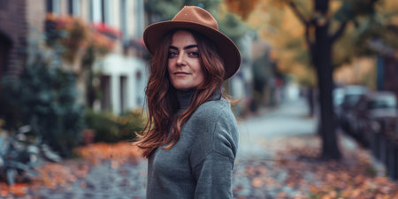 Young adult woman portrait with a city scene background.の素材
