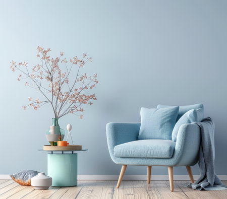 Minimalist room composition in light blue color and minimal furniture.の素材