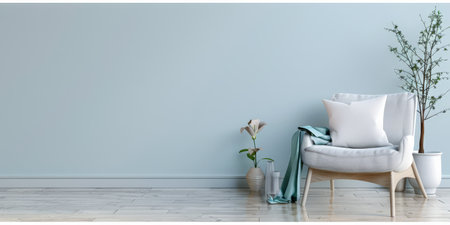 Minimalist room composition in light blue color and minimal furniture.の素材