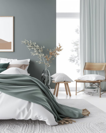 Serene bedroom with chic decor and cozy ambiance.Interiors composition in neutral tones.の素材