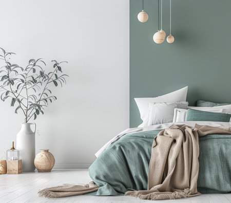 Serene bedroom with chic decor and cozy ambiance.Interiors composition in neutral tones.の素材