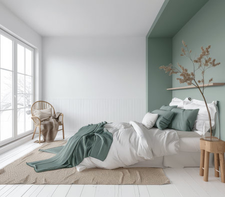 Serene bedroom with chic decor and cozy ambiance.Interiors composition in neutral tones.の素材