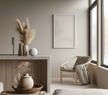 Serene interiors composition with minimalist furniture and elegance.の素材