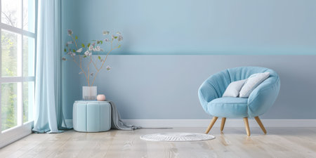 Serene interiors with natural light and modern decor. Minimalist interior design composition in light blue and neutral colors.の素材