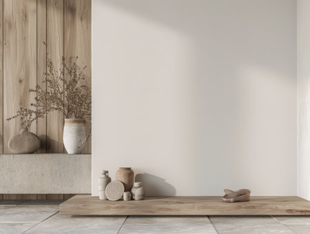 Minimalist interiors decor composition in neutral tones, natural lighting and serene ambientsの素材