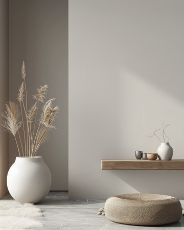 Minimalist interiors decor composition in neutral tones, natural lighting and serene ambientsの素材