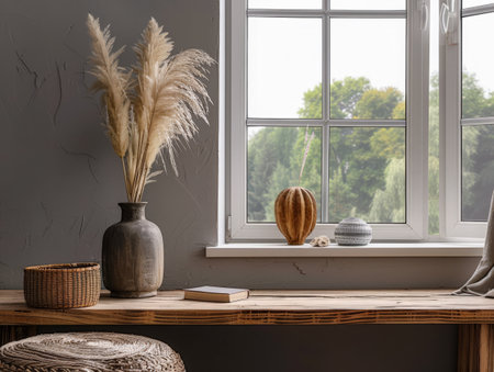 Boho minimalist composition in grey and wood tones. Interiors with natural window light.の素材