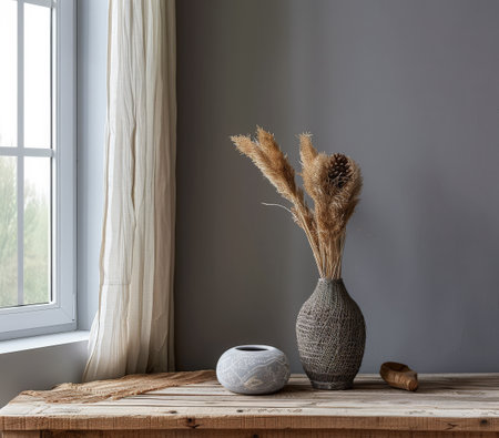 Boho minimalist composition in grey and wood tones. Interiors with natural window light.の素材