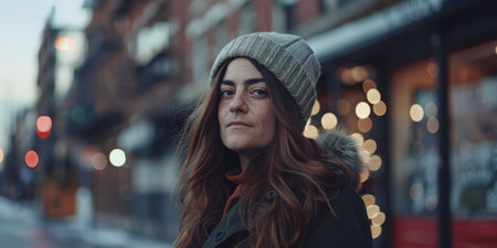 Young adult woman portrait with a city scene background.の素材