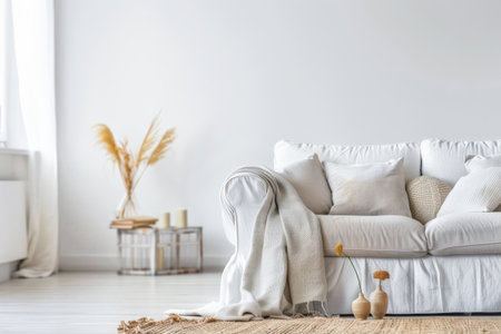 Minimalist living room spaces with natural light coming from a window. Interiors composition with minimal furniture.の素材